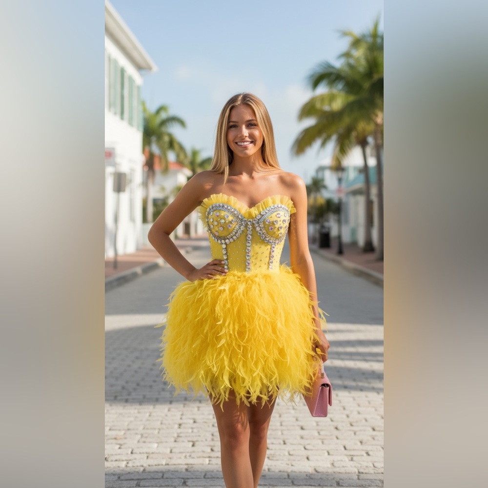 2 PC Yellow Embellished Rhinestone Strapless Bodice Tulle Tutu Cocktail Dress
